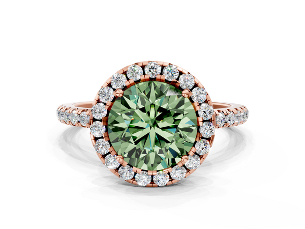 Rose gold Fancy Green Round  Halo Round Diamond Pavé Band Four-Prong Ring
