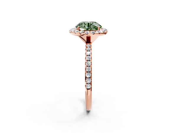 Rose gold Fancy Green Round  Halo Round Diamond Pavé Band Four-Prong Ring