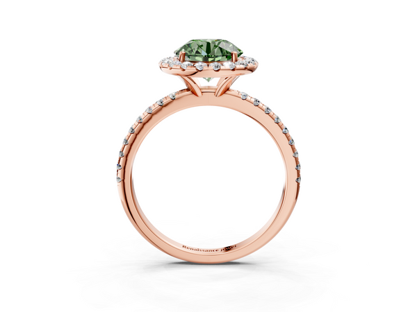 Rose gold Fancy Green Round  Halo Round Diamond Pavé Band Four-Prong Ring