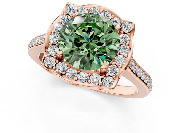 Rose gold Fancy Green Round  Halo Round Diamond Pave Band with Four-Prong Setting