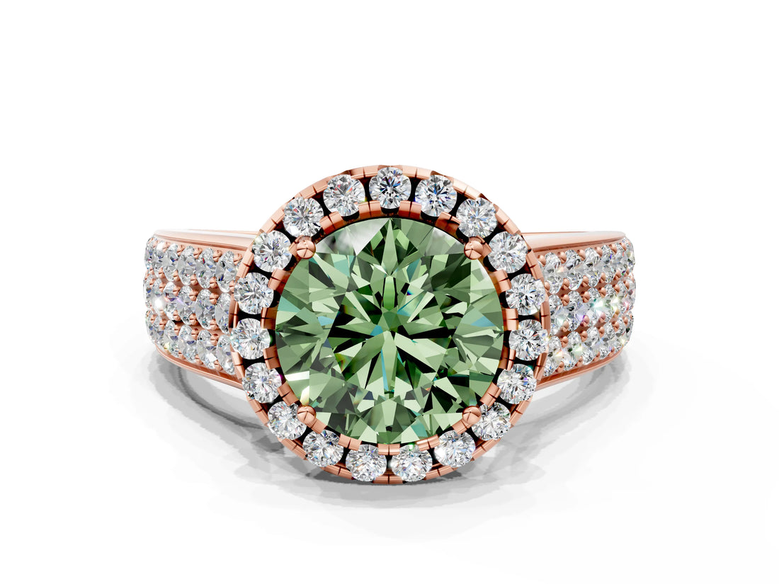 Rose gold Fancy Green Round  Halo Round Diamond Pave Band with Prong Setting