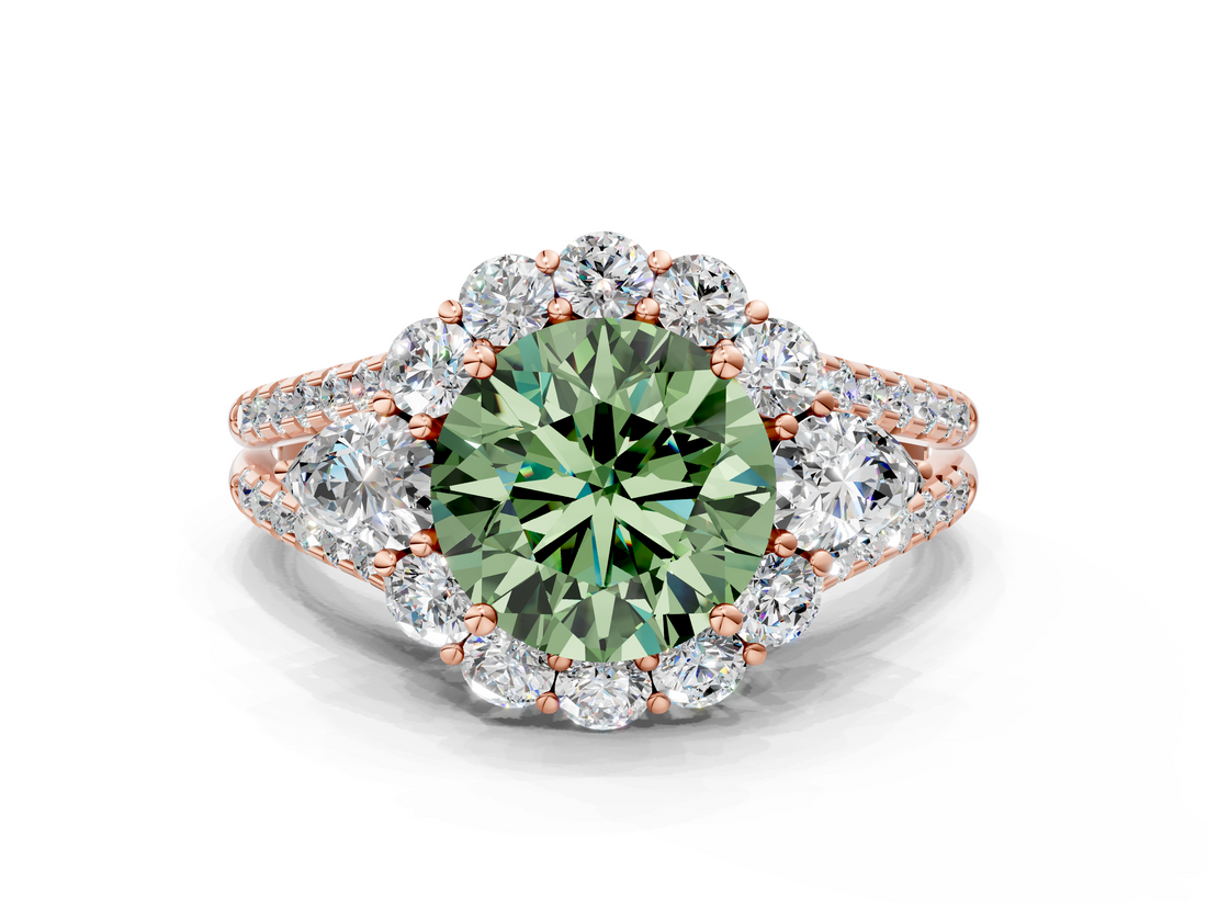 Rose gold Fancy Green Round  Halo Split Shank Diamond Engagement Ring with Prong Setting_20