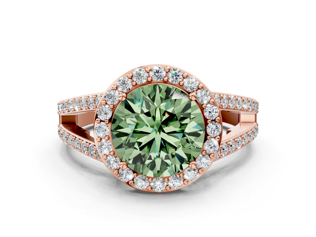 Rose gold Fancy Green Round  Halo Split Shank Diamond Ring with Four-Prong Setting_32