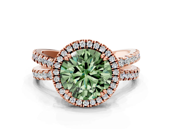 Rose gold Fancy Green Round  Halo Split Shank Diamond Ring with Pavé Setting