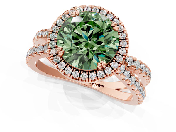Rose gold Fancy Green Round  Halo Split Shank Diamond Ring with Pavé Setting