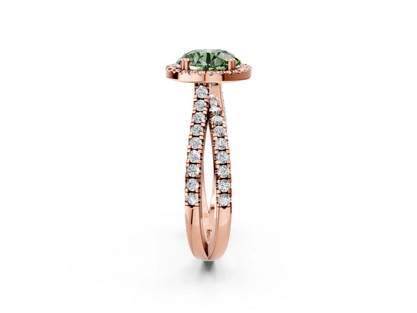 Rose gold Fancy Green Round  Halo Split Shank Diamond Ring with Pavé Setting