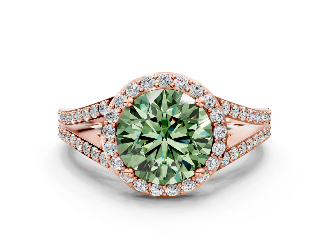 Rose gold Fancy Green Round  Halo Split Shank Pave Diamond Ring with Four-Prong Setting_48
