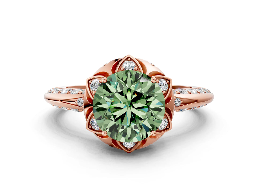 Rose gold Fancy Green Round  Halo Split Shank Pave Diamond Ring with Petal Prong Setting_20