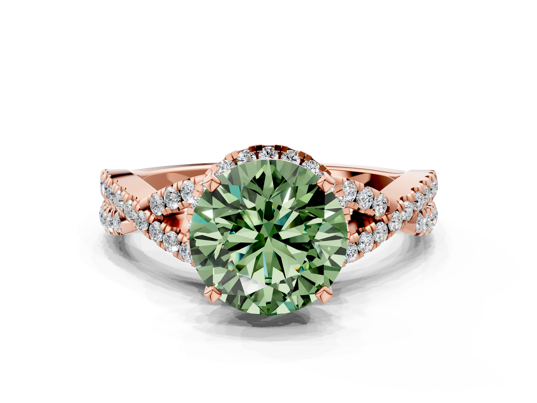 Rose gold Fancy Green Round  Halo Twist Band Solitaire Prong Setting Ring_64