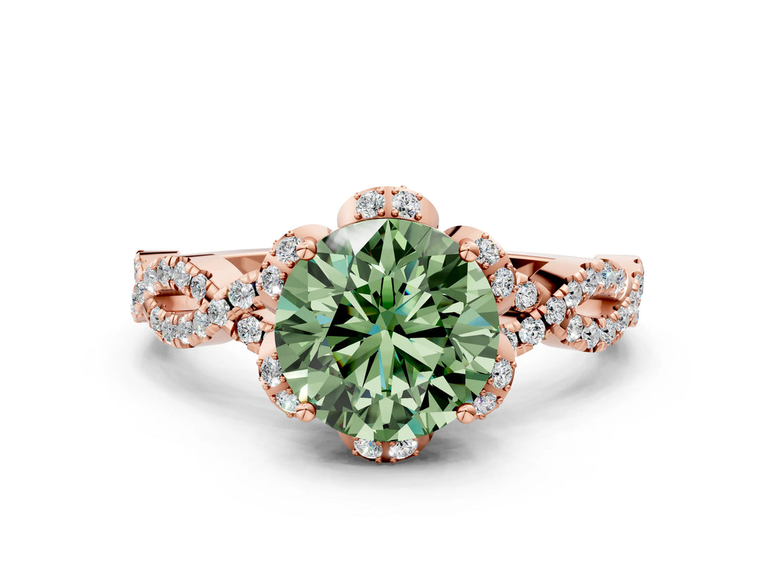 Rose gold Fancy Green Round  Halo Twist Band Solitaire Ring with Six-Prong Setting_3
