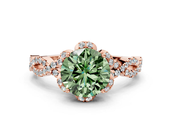 Rose gold Fancy Green Round  Halo Twist Band Solitaire Ring with Six-Prong Setting