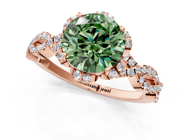 Rose gold Fancy Green Round  Halo Twist Band Solitaire Ring with Six-Prong Setting