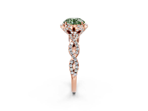 Rose gold Fancy Green Round  Halo Twist Band Solitaire Ring with Six-Prong Setting