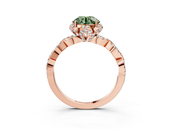 Rose gold Fancy Green Round  Halo Twist Band Solitaire Ring with Six-Prong Setting
