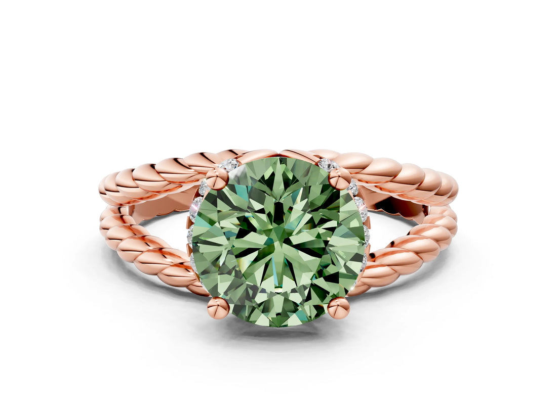 Rose gold Fancy Green Round  Halo Twisted Band Four-Prong Ring_32