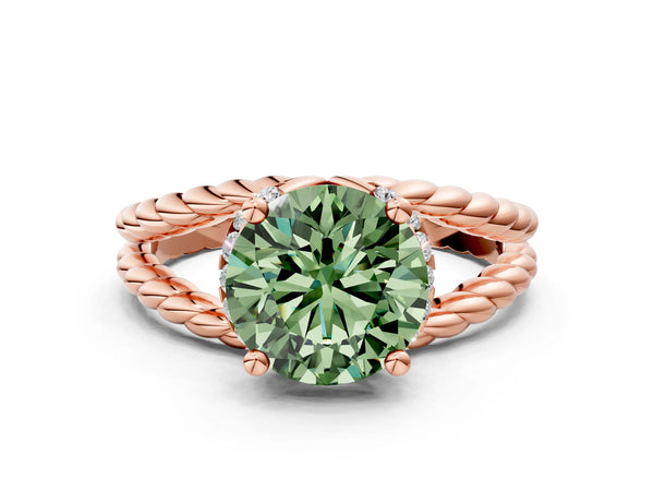 Rose gold Fancy Green Round  Halo Twisted Band Four-Prong Ring