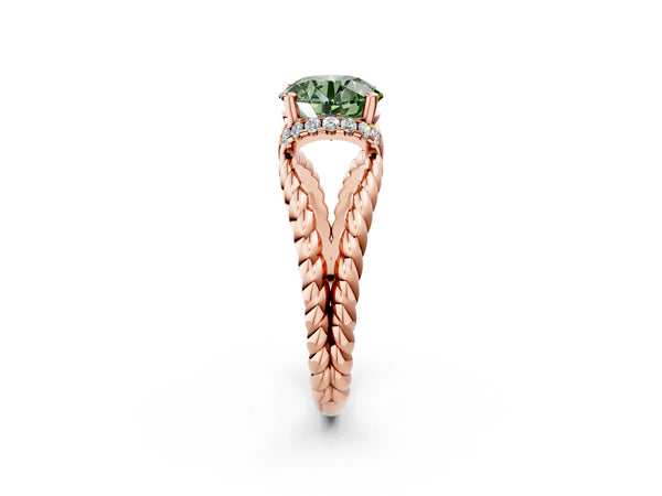 Rose gold Fancy Green Round  Halo Twisted Band Four-Prong Ring