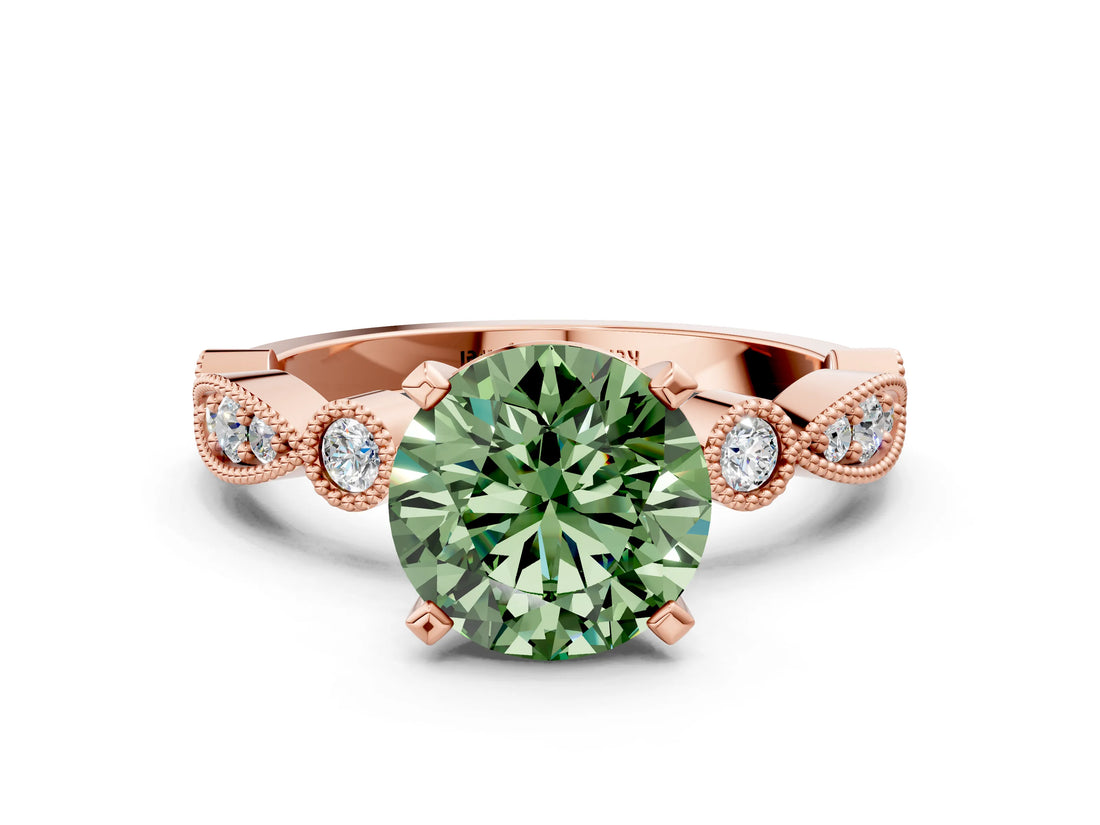 Rose gold Fancy Green Round  Milgrain Bezel Diamond Engagement Ring with Solitaire Prong Setting_166