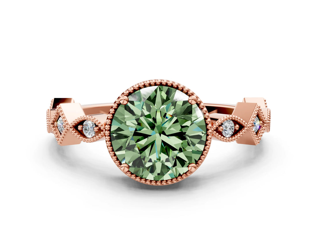 Rose gold Fancy Green Round  Milgrain Marquise Diamond Twist Band Ring_62