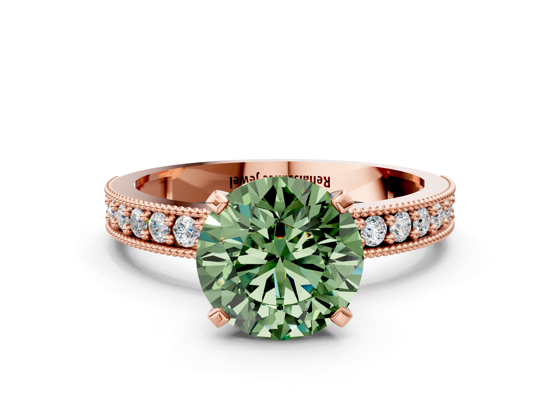 Rose gold Fancy Green Round  Milgrain Pave Diamond Engagement Ring with Four-Prong Setting_147