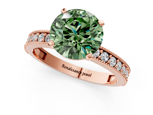 Rose gold Fancy Green Round Cut Diamond Milgrain Pavé Engagement Ring with Four-Prong Setting