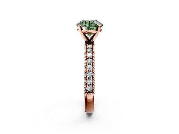 Rose gold Fancy Green Round Cut Diamond Milgrain Pavé Engagement Ring with Four-Prong Setting