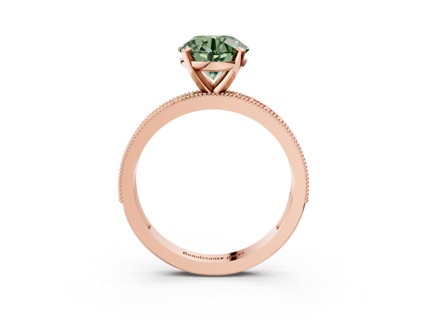 Rose gold Fancy Green Round Cut Diamond Milgrain Pavé Engagement Ring with Four-Prong Setting