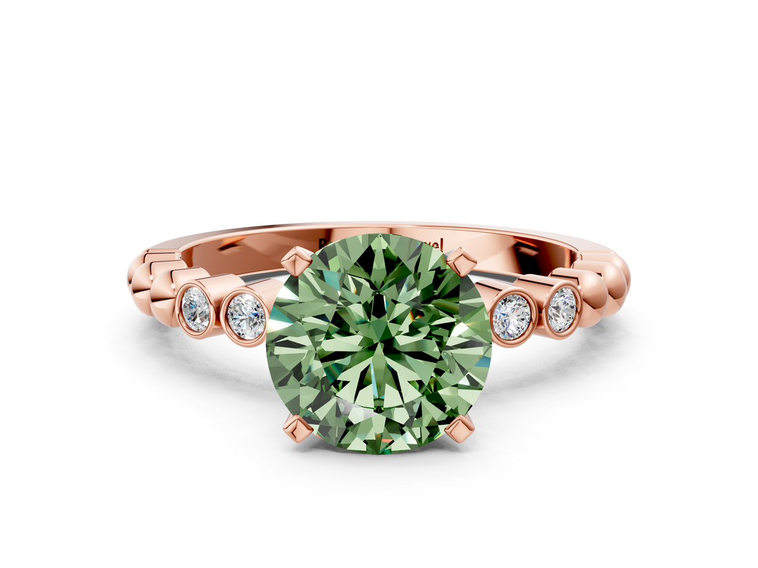 Rose gold Fancy Green Round  Solitaire Bezel Accent Diamond Engagement Ring with Beaded Band and Four-Prong Setting_56