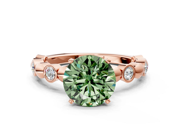Rose gold Fancy Green Round  Solitaire Bezel-Set Diamond Ring with Beaded Band and Four-Prong Setting