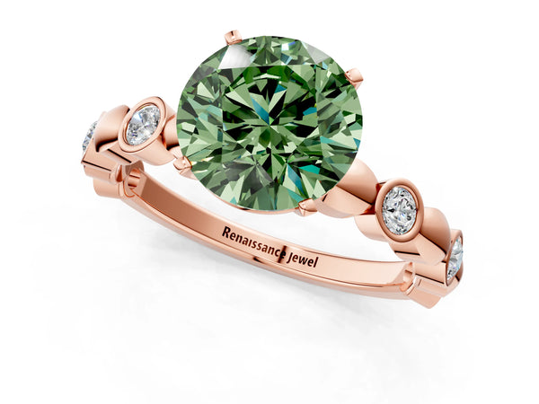 Rose gold Fancy Green Round  Solitaire Bezel-Set Diamond Ring with Beaded Band and Four-Prong Setting