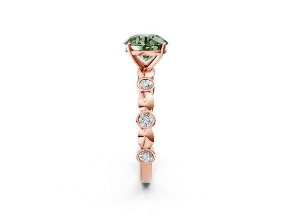 Rose gold Fancy Green Round  Solitaire Bezel-Set Diamond Ring with Beaded Band and Four-Prong Setting