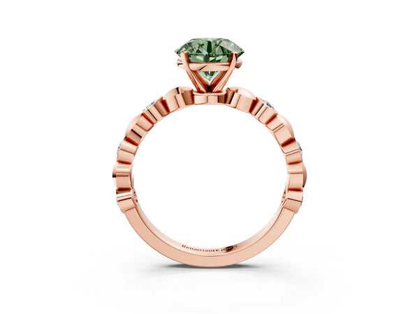 Rose gold Fancy Green Round  Solitaire Bezel-Set Diamond Ring with Beaded Band and Four-Prong Setting