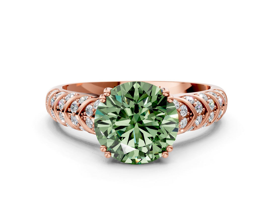 Rose gold Fancy Green Round  Solitaire Chevron Pave Diamond Engagement Ring with Six-Prong Setting_3