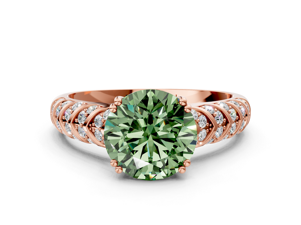 Rose Gold Round Chevron Pave Solitaire Engagement Ring Setting for Fancy Green Center