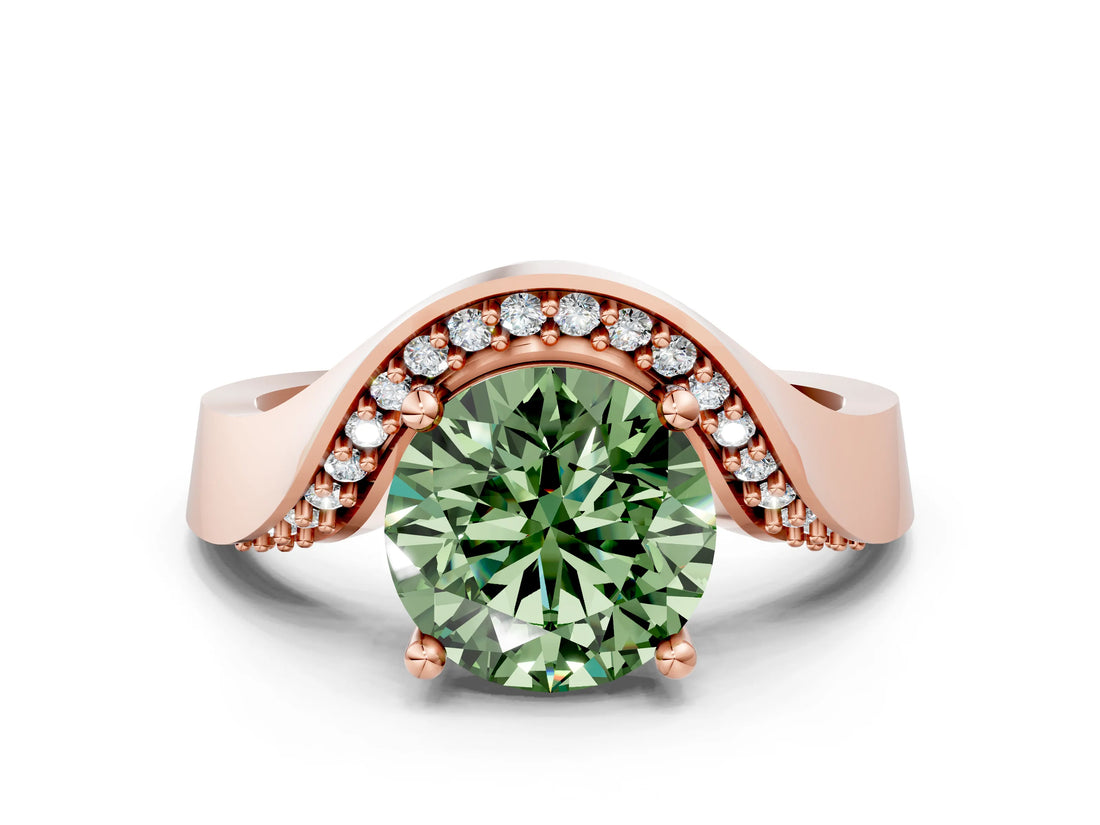 Rose gold Fancy Green Round  Solitaire Diamond Engagement Ring with Pave Band and Four-Prong Setting