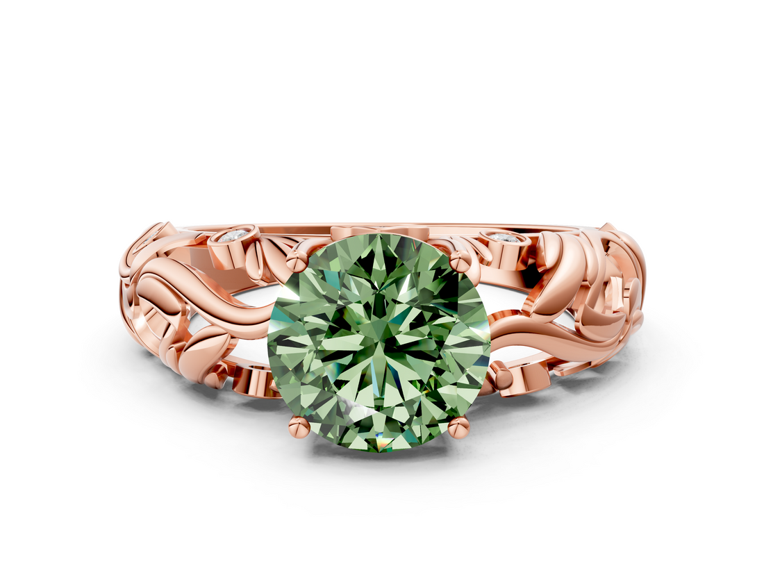 Rose gold Fancy Green Round  Solitaire Diamond Leaf Vine Band with Prong Setting_61
