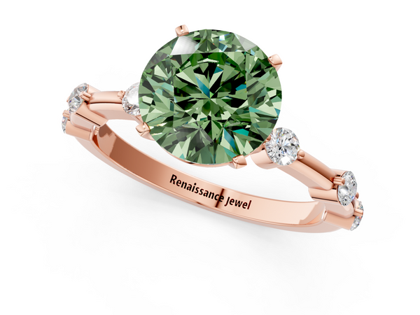 Rose gold Fancy Green Round  Solitaire Diamond Ring with Bezel Set Side Stones and Prong Setting