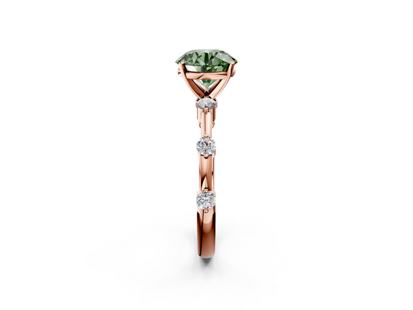 Rose gold Fancy Green Round  Solitaire Diamond Ring with Bezel Set Side Stones and Prong Setting