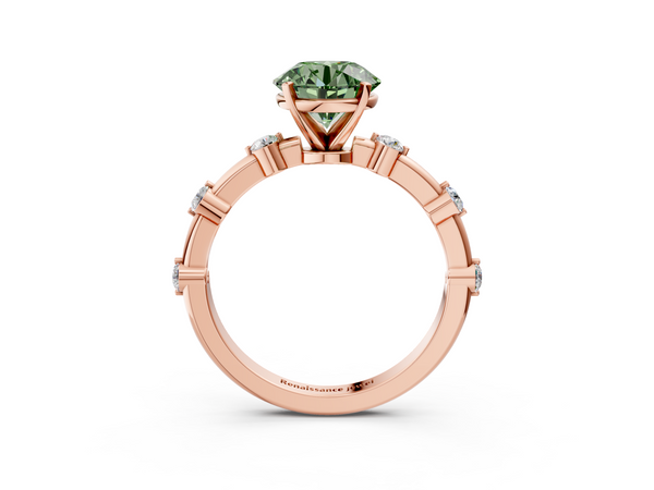 Rose gold Fancy Green Round  Solitaire Diamond Ring with Bezel Set Side Stones and Prong Setting
