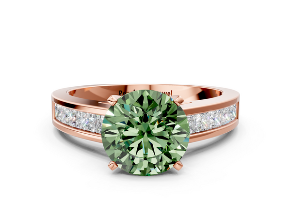 Rose gold Fancy Green Round  Solitaire Diamond Ring with Channel-Set Band and Four-Prong Setting
