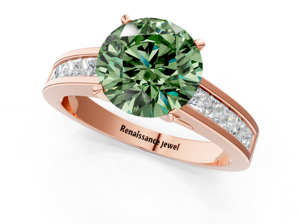 Rose gold Fancy Green Round  Solitaire Diamond Ring with Channel-Set Band and Four-Prong Setting