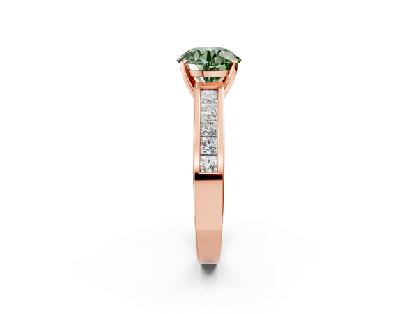 Rose gold Fancy Green Round  Solitaire Diamond Ring with Channel-Set Band and Four-Prong Setting