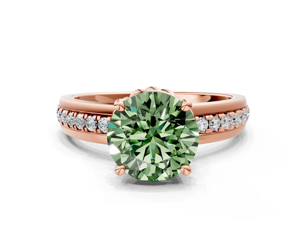 Rose gold Fancy Green Round  Solitaire Diamond Ring with Channel Set Band and Six-Prong Setting