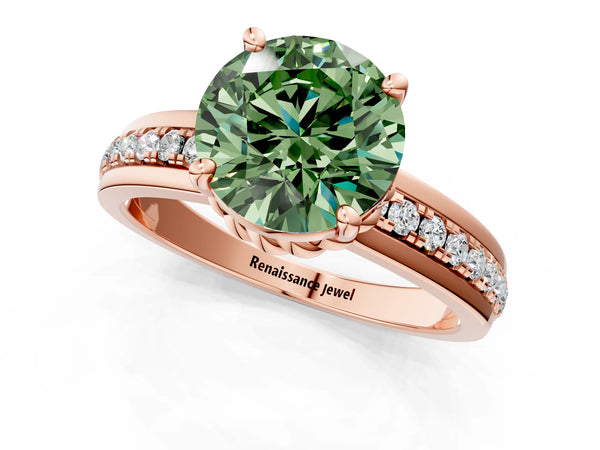 Rose gold Fancy Green Round  Solitaire Diamond Ring with Channel Set Band and Six-Prong Setting