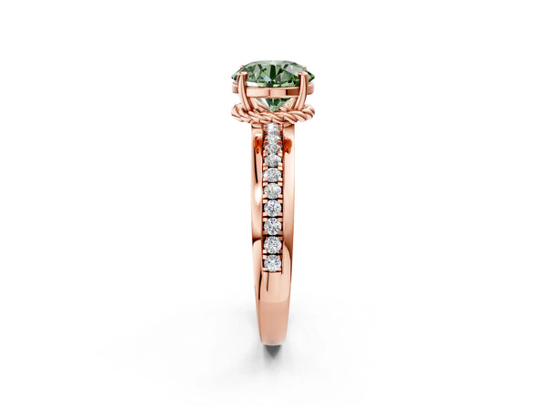 Rose gold Fancy Green Round  Solitaire Diamond Ring with Channel Set Band and Six-Prong Setting