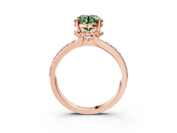 Rose gold Fancy Green Round  Solitaire Diamond Ring with Channel Set Band and Six-Prong Setting