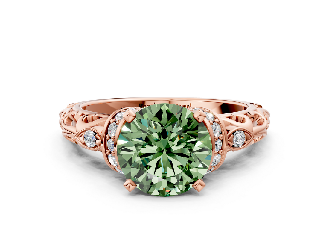 Rose gold Fancy Green Round  Solitaire Diamond Ring with Filigree Band and Four-Prong Setting_48