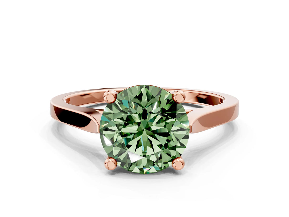 Rose gold Fancy Green Round  Solitaire Diamond Ring with Four-Prong Setting and Tapered Band