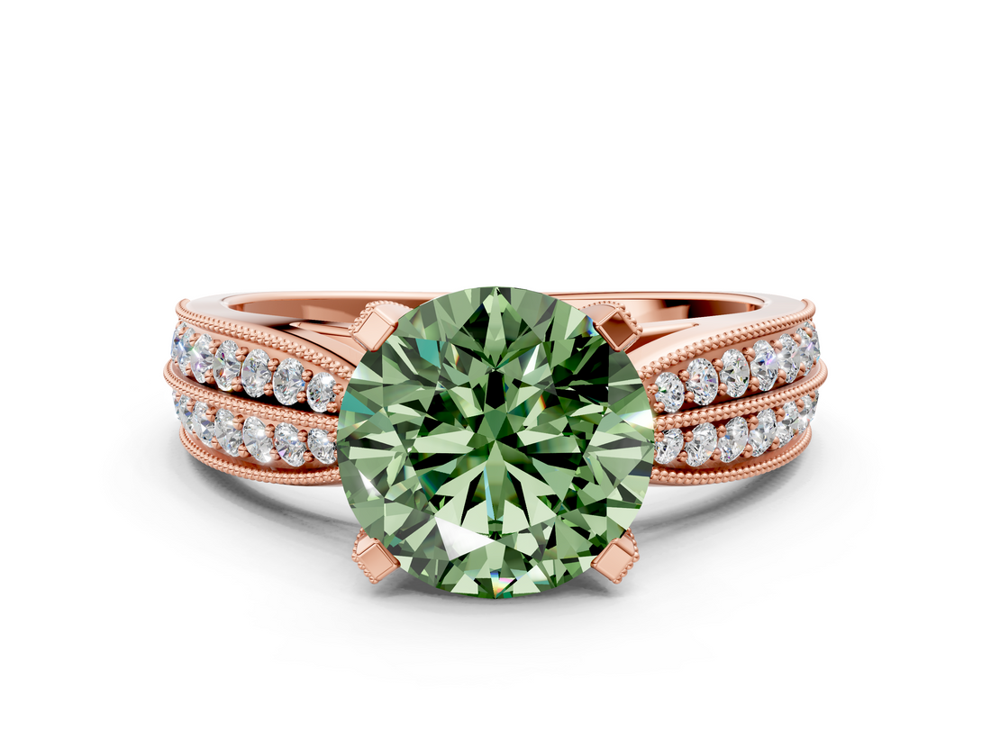 Rose gold Fancy Green Round  Solitaire Diamond Ring with Milgrain Pavé Band and Four-Prong Setting_37
