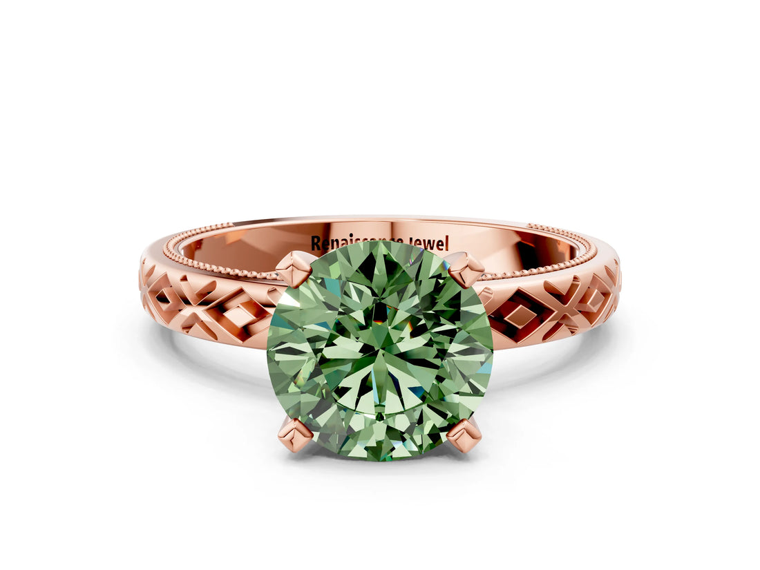 Rose gold Fancy Green Round  Solitaire Diamond Ring with Milgrain and Black Enamel X Pattern Band_201